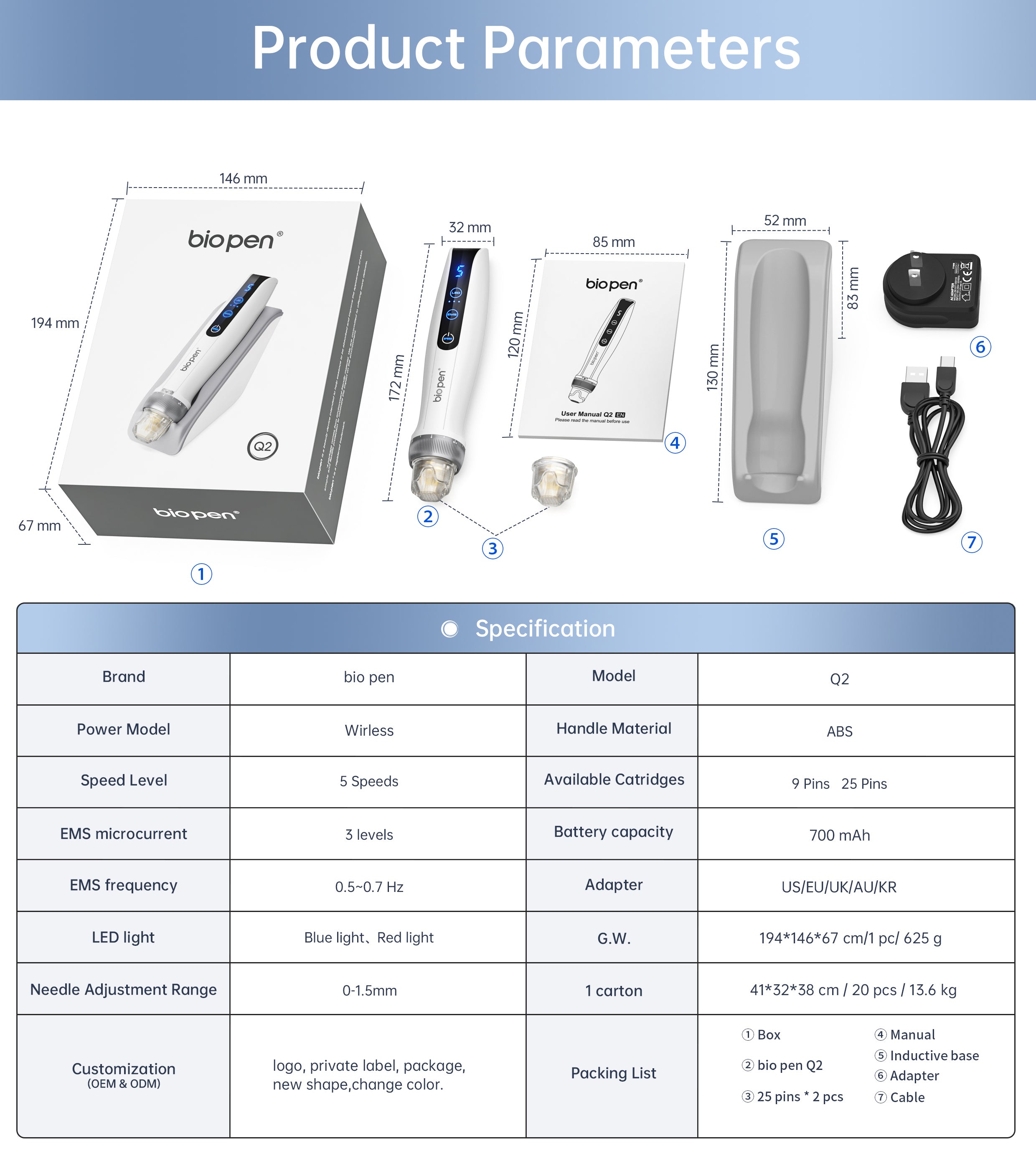 Handheld Bio Pen Q2 EMS Electroporation Microneedling Derma Pen with LED Light Therapy