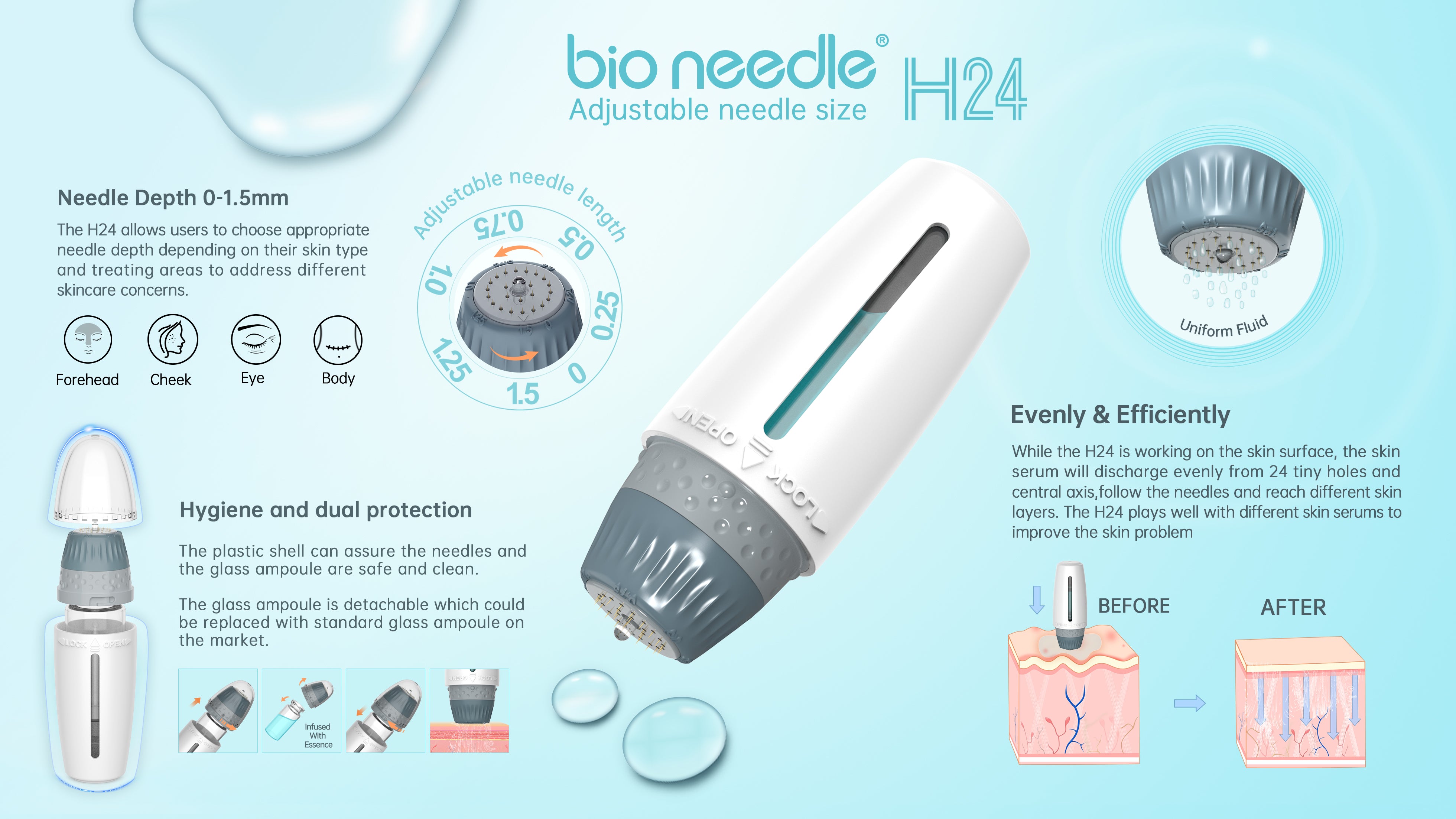 Bio Needle 24 Pins Adjustable Length Titanium Microneedle Hyaluronic Acid Pen Stamp Serum Derma Needle